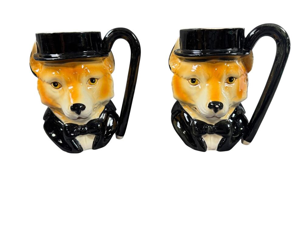 Qty 2 - Vintage Tuxedo Red Fox Ceramic Mug Stein Quon-Quon Japan 1980
